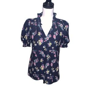 Loft Navy Blue Floral V neck Short Sleeve Blouse Puff Sleeves